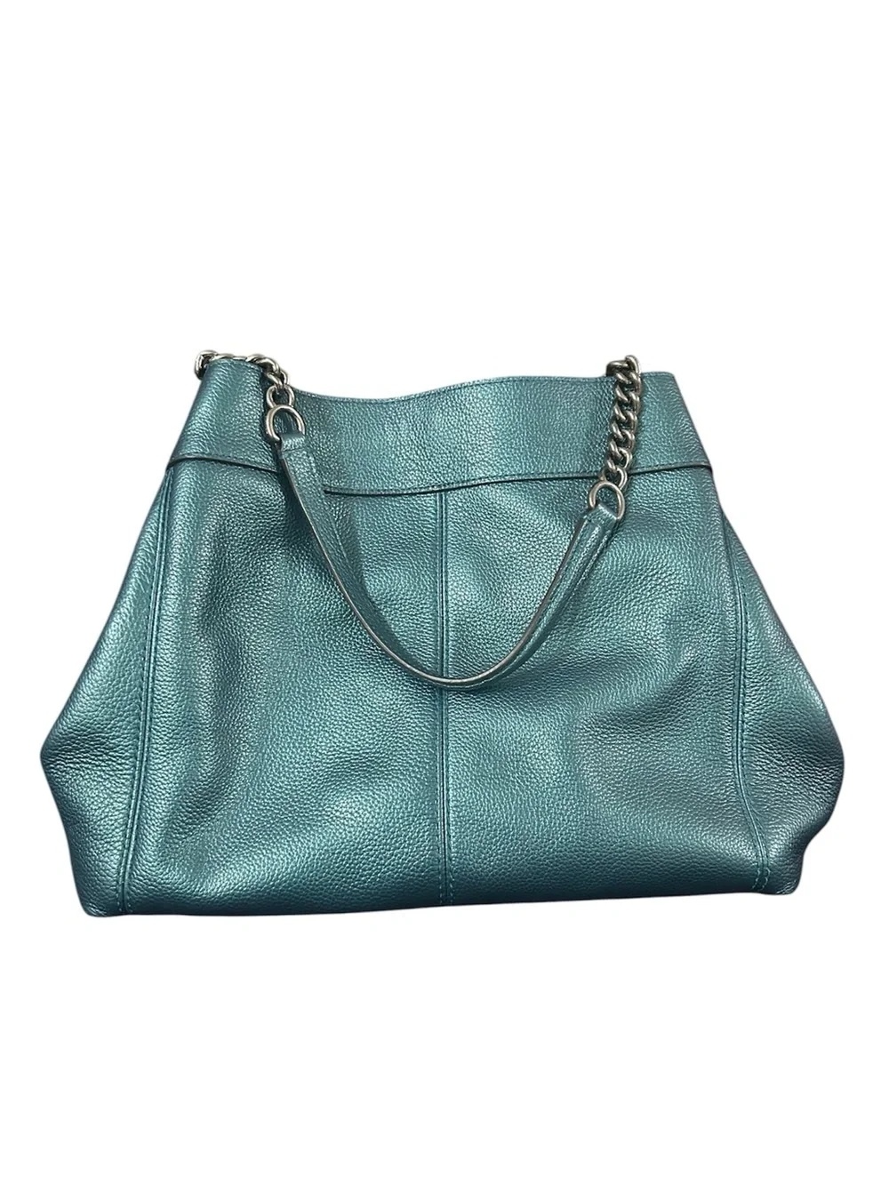 Coach Lexy Metallic Peacock Blue Teal Pebbled Leather Chain Shoulder Bag Purse